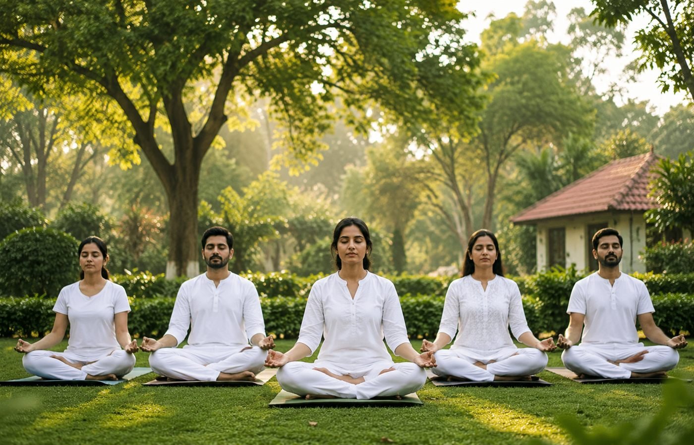 आश्रम के हरियाली भरे वातावरण में साथ ध्यान करते साधक